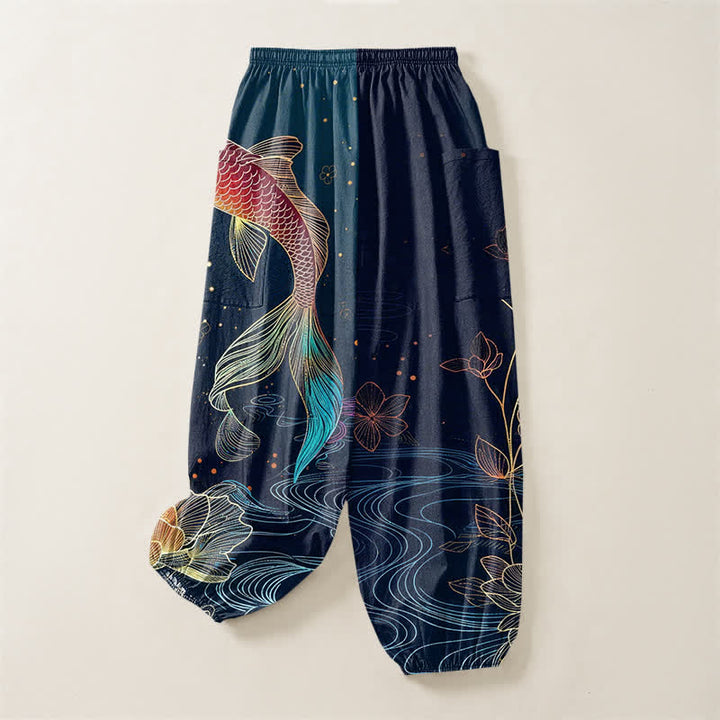 Buddha Stones Pantaloni harem da donna in cotone con elastico in vita e motivo di carpe koi e fiori di loto, con tasche laterali. - image 4