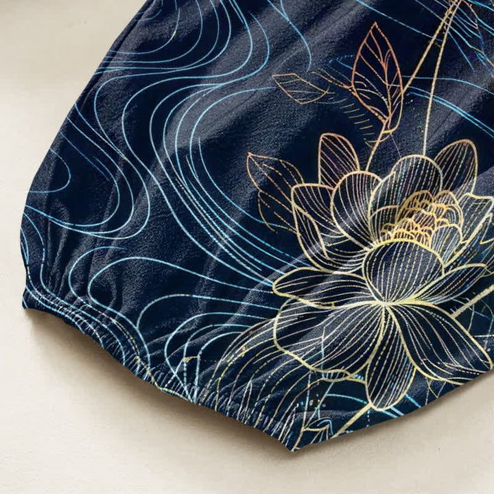 Buddha Stones Pantaloni harem da donna in cotone con elastico in vita e motivo di carpe koi e fiori di loto, con tasche laterali. - image 6