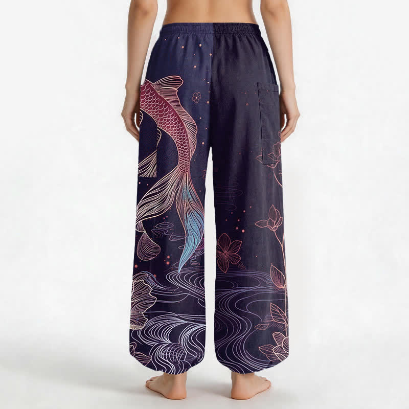 Buddha Stones Pantaloni harem da donna in cotone con elastico in vita e motivo di carpe koi e fiori di loto, con tasche laterali. - image 9