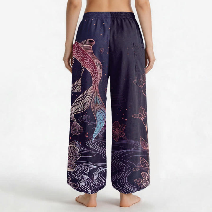 Buddha Stones Pantaloni harem da donna in cotone con elastico in vita e motivo di carpe koi e fiori di loto, con tasche laterali. - image 9