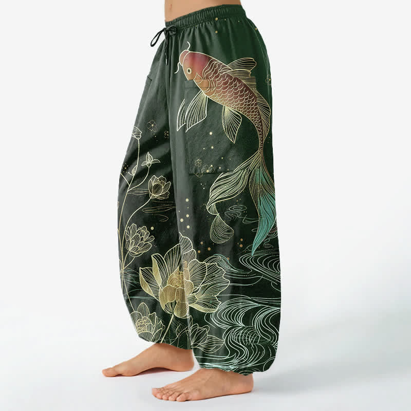 Buddha Stones Pantaloni harem da donna in cotone con elastico in vita e motivo di carpe koi e fiori di loto, con tasche laterali. - image 11