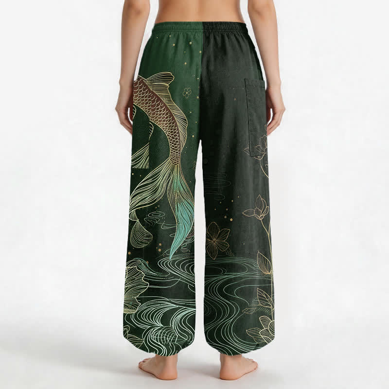 Buddha Stones Pantaloni harem da donna in cotone con elastico in vita e motivo di carpe koi e fiori di loto, con tasche laterali. - image 12