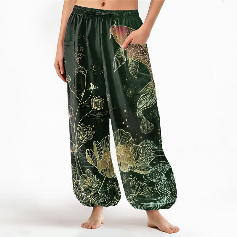 Buddha Stones Pantaloni harem da donna in cotone con elastico in vita e motivo di carpe koi e fiori di loto, con tasche laterali. - Verde scuro - US16, UK/AU20, EU48 (3XL) - image 10