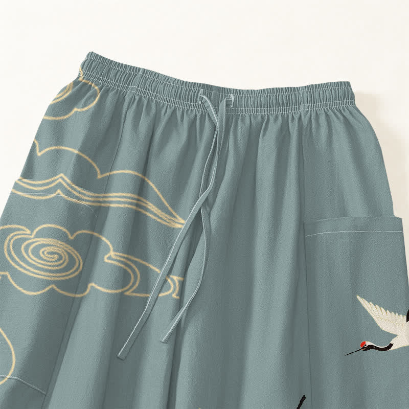 Buddha Stones Pantaloni harem da donna in cotone con elastico in vita e tasche laterali, fantasia orientale bianca con gru e nuvole. - image 5