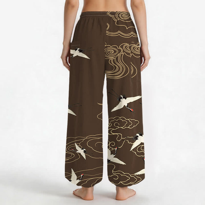 Buddha Stones Pantaloni harem da donna in cotone con elastico in vita e tasche laterali, fantasia orientale bianca con gru e nuvole. - image 9
