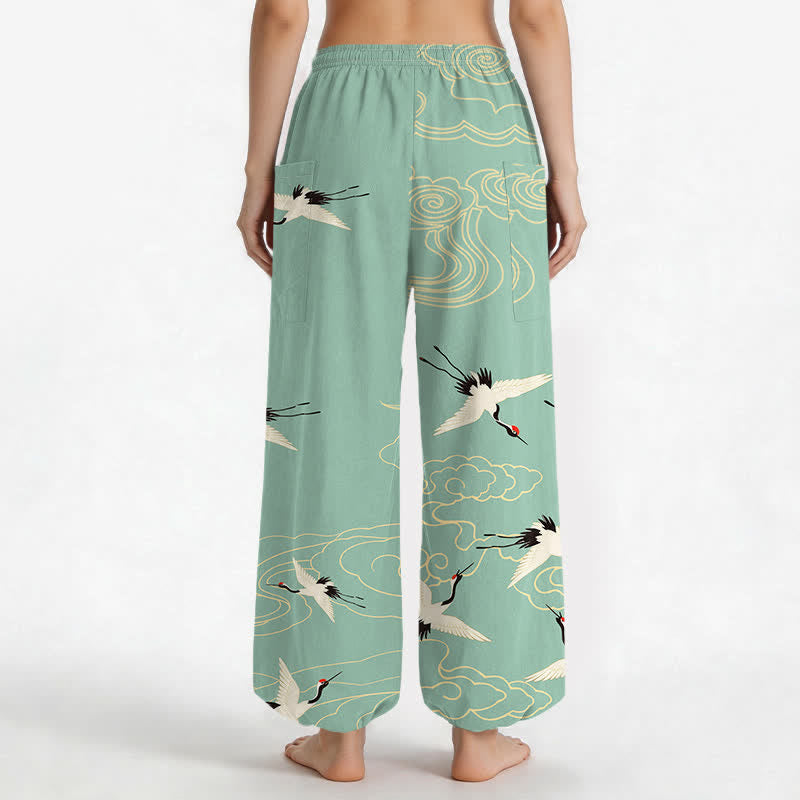 Buddha Stones Pantaloni harem da donna in cotone con elastico in vita e tasche laterali, fantasia orientale bianca con gru e nuvole. - image 12