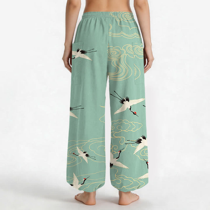 Buddha Stones Pantaloni harem da donna in cotone con elastico in vita e tasche laterali, fantasia orientale bianca con gru e nuvole. - image 12