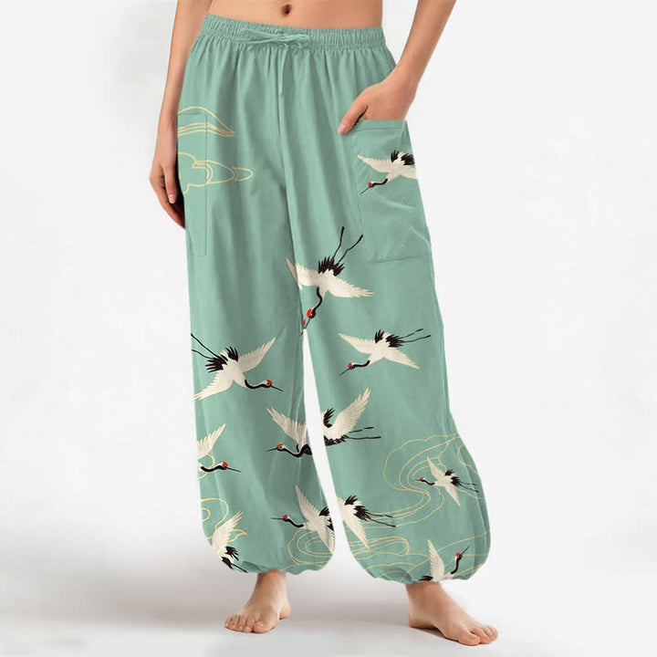 Buddha Stones Pantaloni harem da donna in cotone con elastico in vita e tasche laterali, fantasia orientale bianca con gru e nuvole. - Acquamarina media - US16, UK/AU20, EU48 (3XL) - image 10