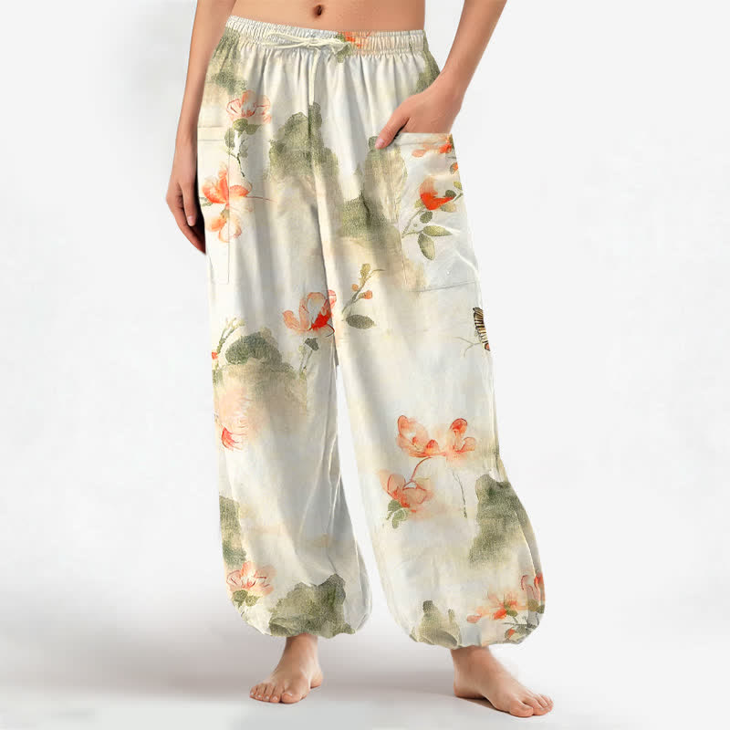 Buddha Stones Pantaloni harem da donna in cotone con elastico in vita e motivo floreale ad acquerello con farfalle, dotati di tasche laterali. - Avorio - US16, UK/AU20, EU48 (3XL) - image 0