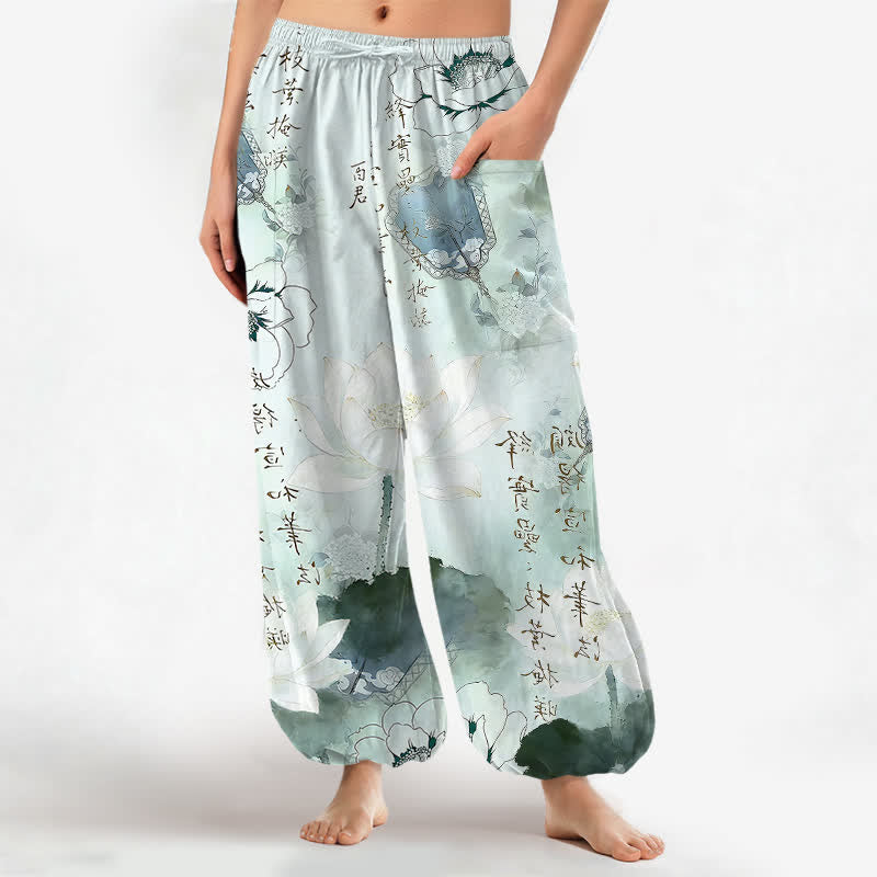 Buddha Stones Pantaloni harem da donna in cotone con stampa effetto loto e vita elasticizzata, con tasche laterali. - Turchese pallido - US16, UK/AU20, EU48 (3XL) - image 0