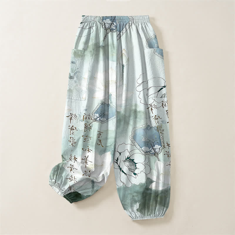 Buddha Stones Pantaloni harem da donna in cotone con stampa effetto loto e vita elasticizzata, con tasche laterali. - image 4