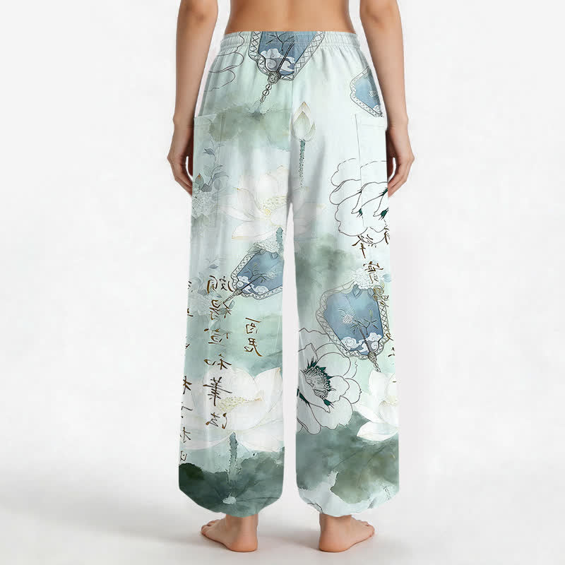 Buddha Stones Pantaloni harem da donna in cotone con stampa effetto loto e vita elasticizzata, con tasche laterali. - image 2