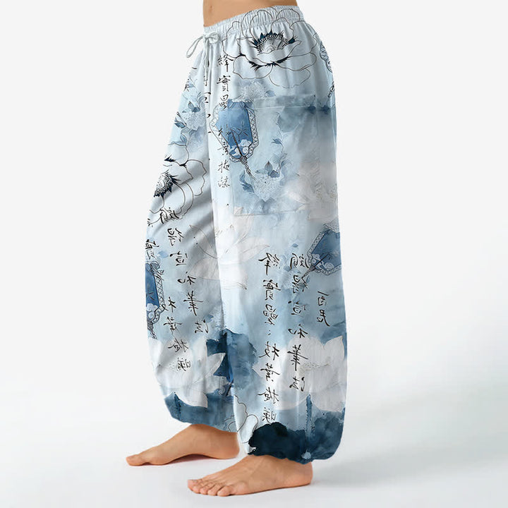 Buddha Stones Pantaloni harem da donna in cotone con stampa effetto loto e vita elasticizzata, con tasche laterali. - image 11
