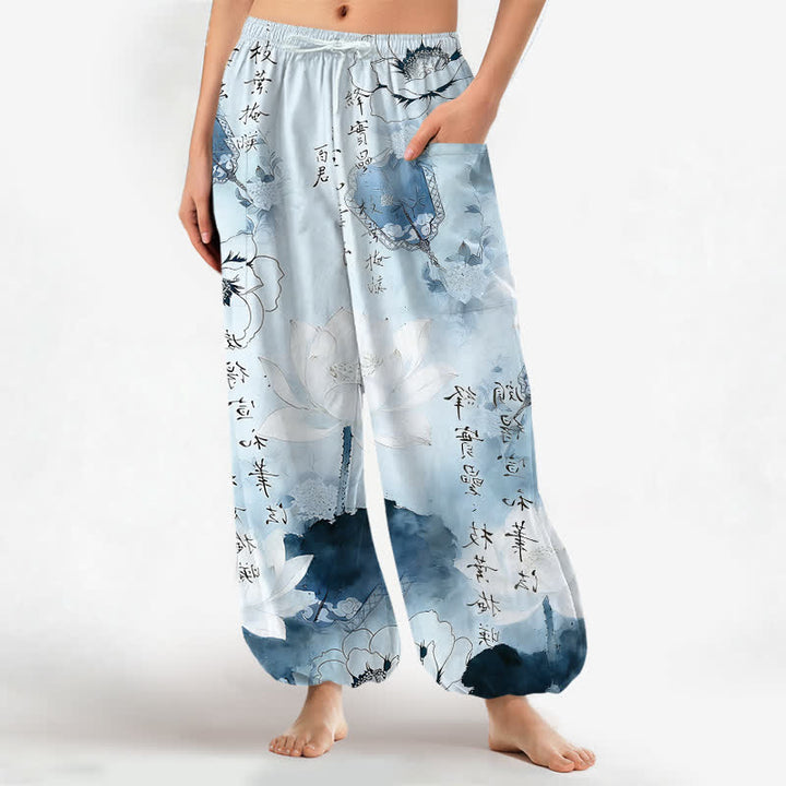 Buddha Stones Pantaloni harem da donna in cotone con stampa effetto loto e vita elasticizzata, con tasche laterali. - Azzurro polvere - US16, UK/AU20, EU48 (3XL) - image 10