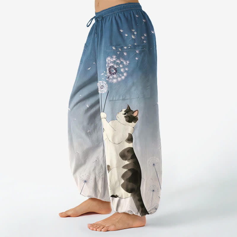 Buddha Stones Pantaloni harem da donna in cotone con elastico in vita e tasche laterali, con motivo mucca, gatto e dente di leone. - image 1