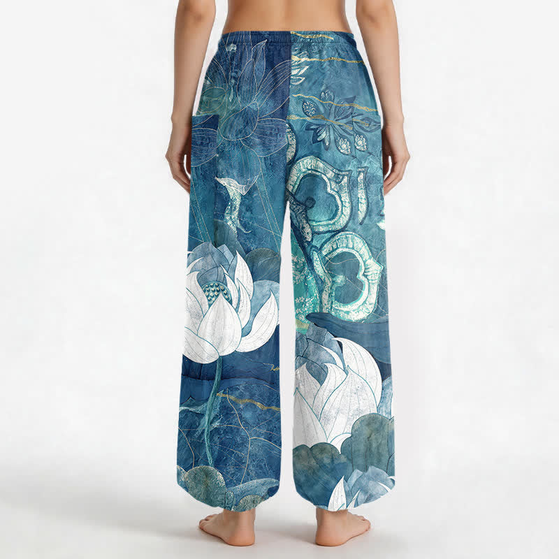 Buddha Stones Pantaloni harem da donna in cotone bianco con motivo a foglie di loto, elastico in vita e tasche laterali. - image 9