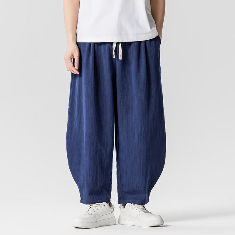 Buddha Stones Pantaloni corti da uomo a tinta unita con coulisse, ideali per primavera/estate, modello harem con tasche. - Marina - US/UK/AU46, EU56 (5XL) - image 0