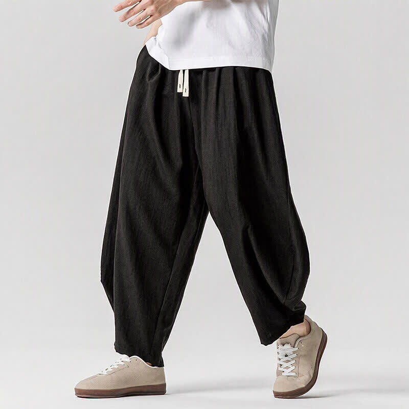 Buddha Stones Pantaloni corti da uomo a tinta unita con coulisse, ideali per primavera/estate, modello harem con tasche. - image 9
