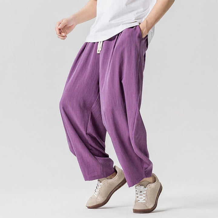 Buddha Stones Pantaloni corti da uomo a tinta unita con coulisse, ideali per primavera/estate, modello harem con tasche. - image 19