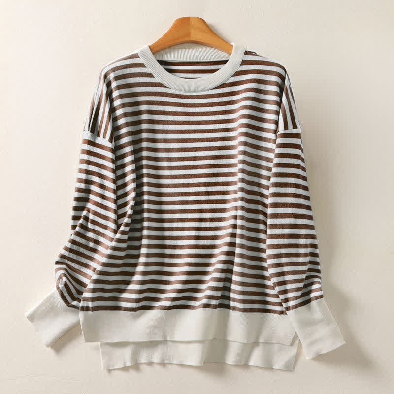 Buddha Stones Maglia da donna a maniche lunghe in cotone a righe stile vintage, casual, autunno/inverno, con scollo rotondo. - Siena - US4-8/10, UK/AU8-12/14, EU36-40/42 (F) - image 0