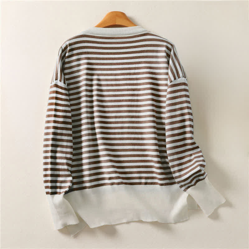 Buddha Stones Maglia da donna a maniche lunghe in cotone a righe stile vintage, casual, autunno/inverno, con scollo rotondo. - image 1