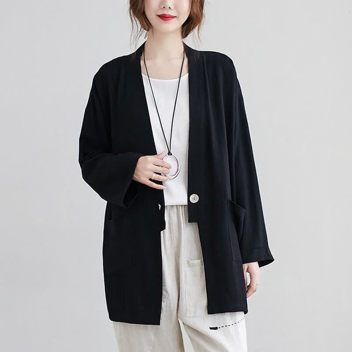 Buddha Stones Camicia da donna a maniche lunghe, tinta unita, casual, minimalista, con tasche, ideale per primavera/estate. - Nero - US4, UK/AU8, EU36 (L) - image 4