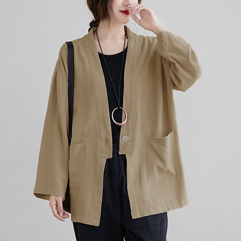 Buddha Stones Camicia da donna a maniche lunghe, tinta unita, casual, minimalista, con tasche, ideale per primavera/estate. - Tan - US4, UK/AU8, EU36 (L) - image 8
