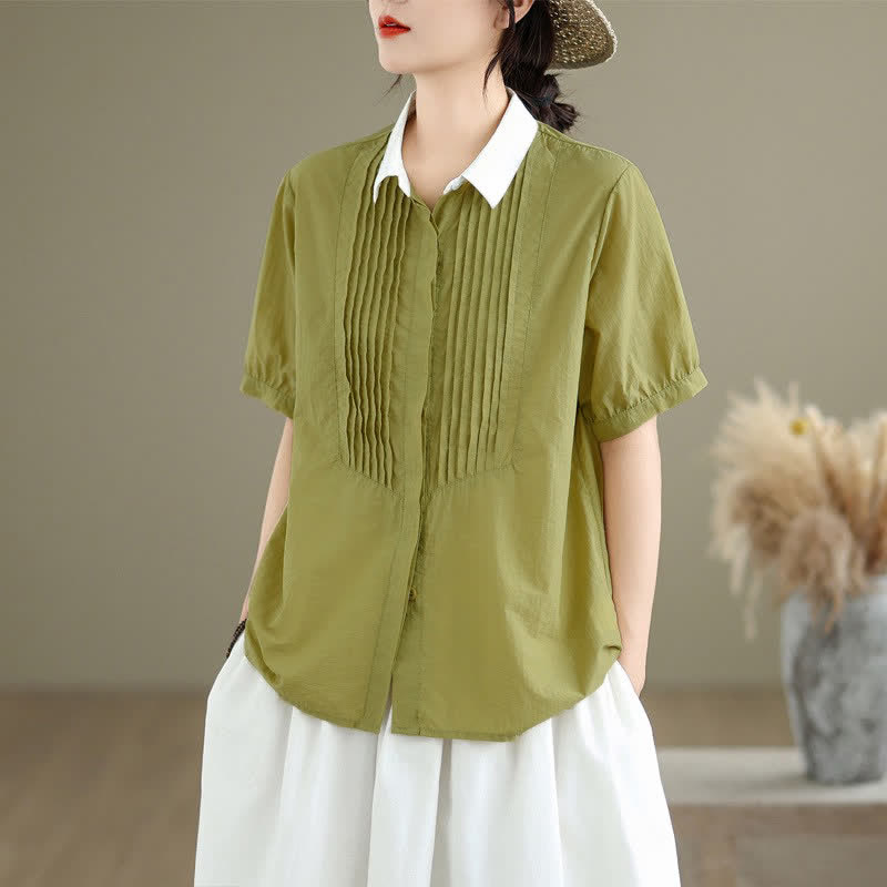 Buddha Stones Camicia da donna estiva casual minimalista con bottoni, colletto a contrasto e maniche corte a pieghe. - Cachi scuro - US8-10, UK/AU12-14, EU40-42 (2XL) - image 0