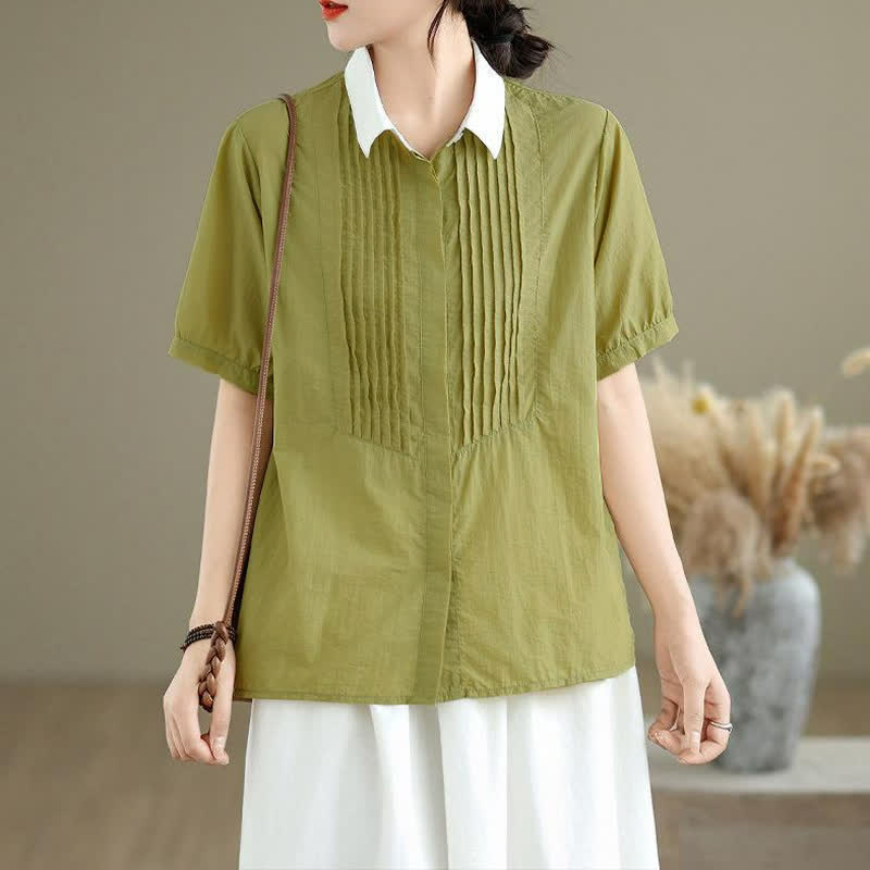 Buddha Stones Camicia da donna estiva casual minimalista con bottoni, colletto a contrasto e maniche corte a pieghe. - image 1