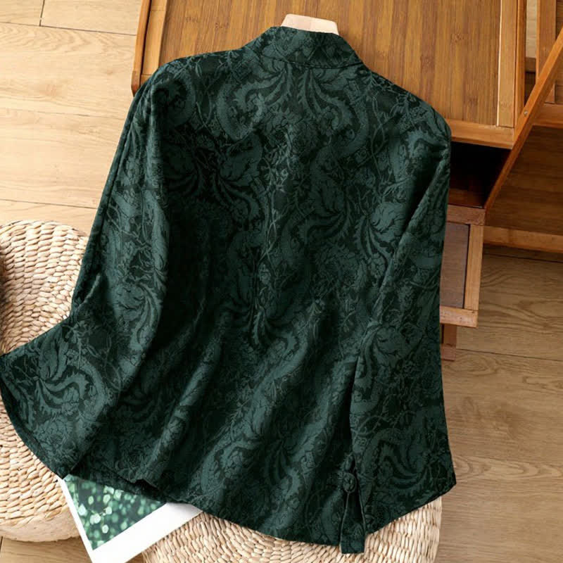 Buddha Stones Camicie da donna a maniche lunghe eleganti, stile Tang, con colletto alla coreana e stampa floreale Pankou, perfette per l'autunno. - image 1