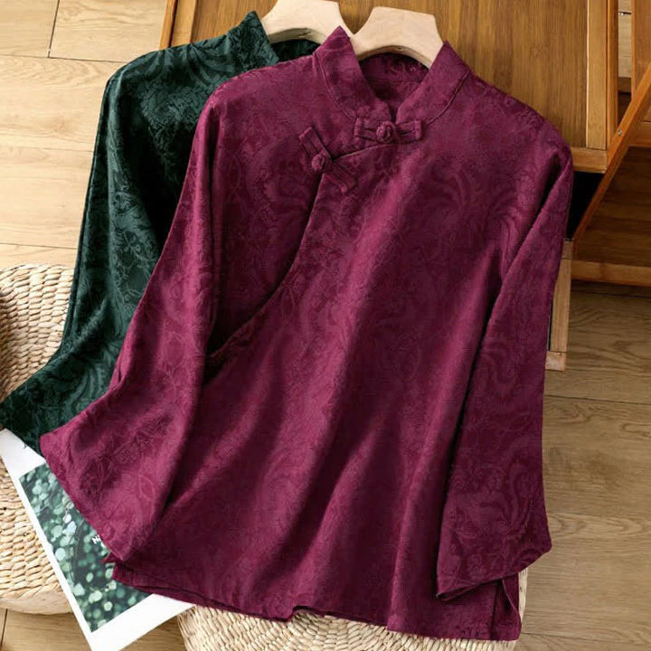 Buddha Stones Camicie da donna a maniche lunghe eleganti, stile Tang, con colletto alla coreana e stampa floreale Pankou, perfette per l'autunno. - image 12