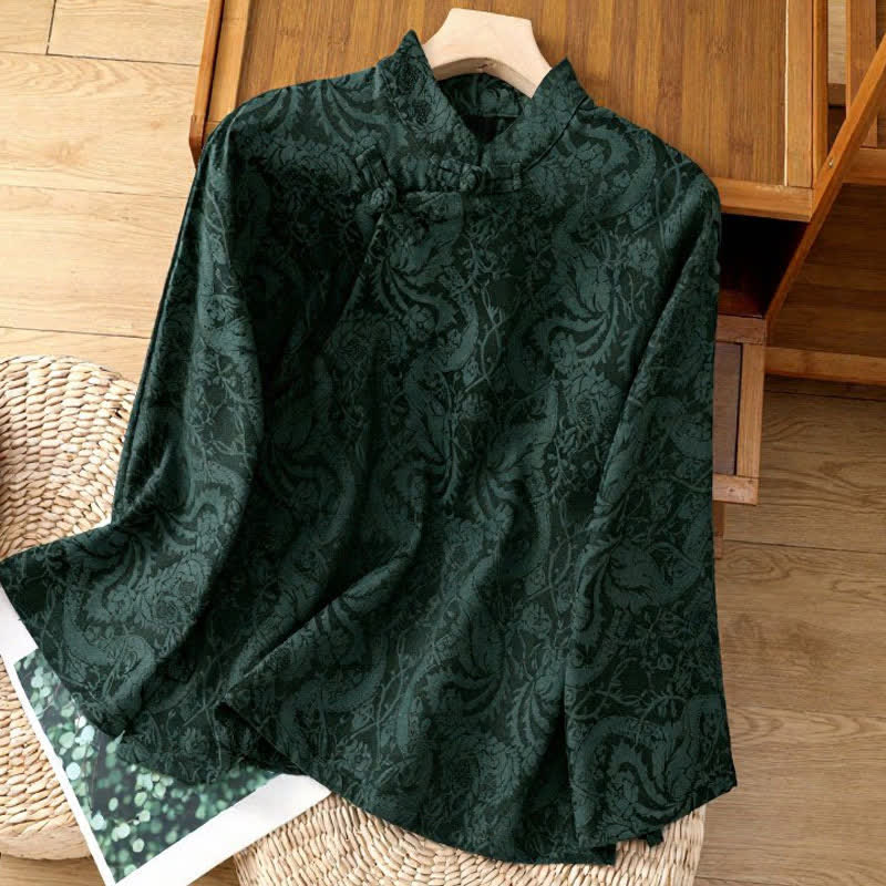 Buddha Stones Camicie da donna a maniche lunghe eleganti, stile Tang, con colletto alla coreana e stampa floreale Pankou, perfette per l'autunno. - Verde scuro - US6, UK/AU10, EU38 (XL) - image 0