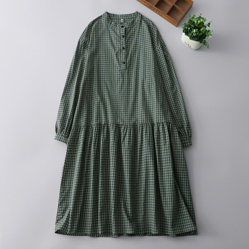 Buddha Stones Abito da donna autunnale casual vintage a quadri con bottoni e maniche lunghe - Verde Mare Scuro - US8-10, UK/AU12-14, EU40-42 (2XL) - image 0