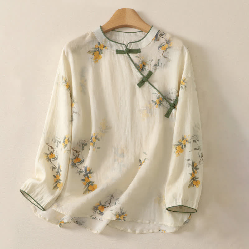 Buddha Stones Camicia da donna a maniche lunghe con colletto alla coreana, bottoni a rana e stampa floreale di nespole gialle, stile vintage Spring Tang. - Bianco antico - US8-10, UK/AU12-14, EU40-42 (2XL) - image 0