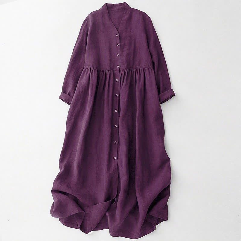Buddha Stones Abito da donna autunnale casual minimalista a maniche lunghe viola con bottoni e tasche - Viola - US8-10, UK/AU12-14, EU40-42 (2XL) - image 0