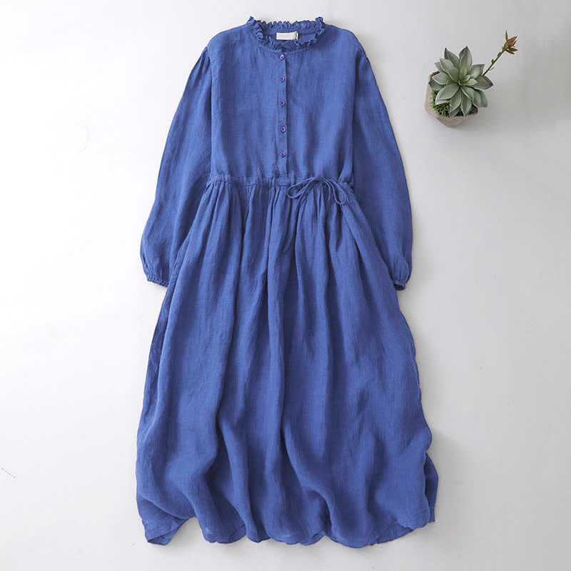 Buddha Stones Abito da donna blu a maniche lunghe, casual, vintage, con bottoni e coulisse, per primavera/autunno, con tasca. - Blu reale - US12, UK/AU16, EU44 (2XL) - image 0