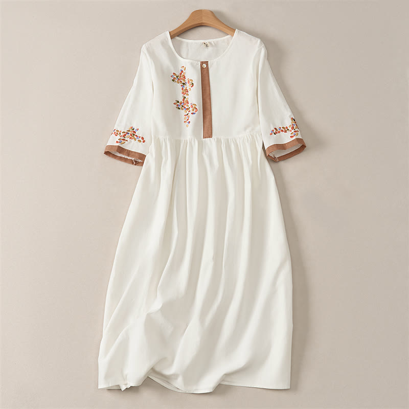 Abito midi da donna con maniche corte e ricami etnici primaverili a tema Buddha Stones. - Bianco - US12, UK/AU16, EU44 (2XL) - image 0