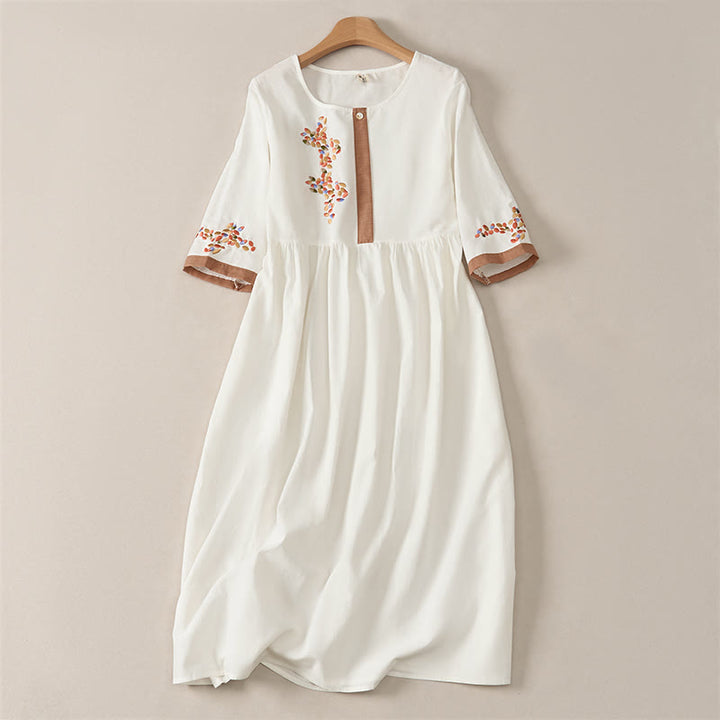 Abito midi da donna con maniche corte e ricami etnici primaverili a tema Buddha Stones. - Bianco - US12, UK/AU16, EU44 (2XL) - image 0
