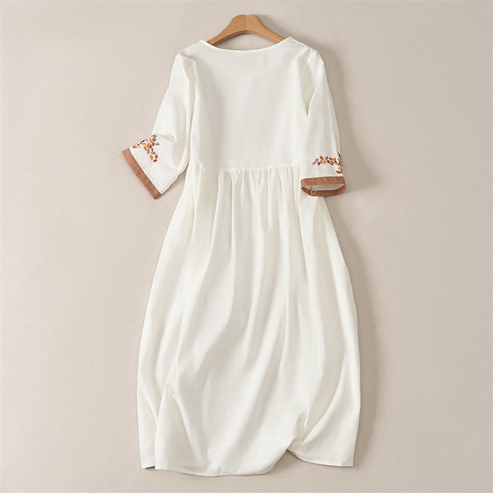 Abito midi da donna con maniche corte e ricami etnici primaverili a tema Buddha Stones. - image 1