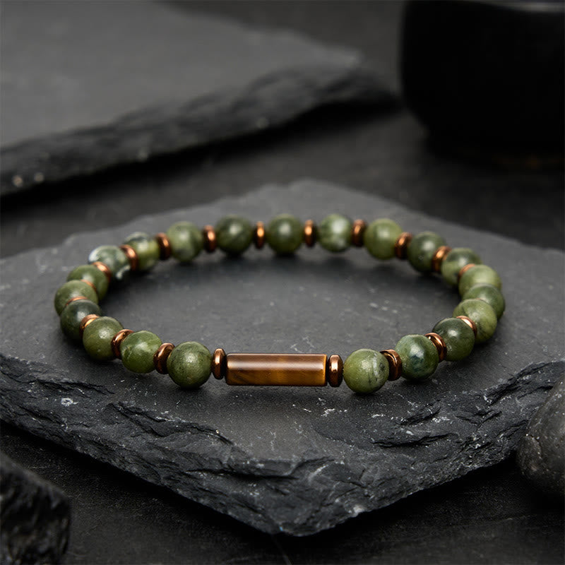 Buddha Stones Bracciale con perle rotonde di agata muschiata verde e accenti occhio di tigre - image 1