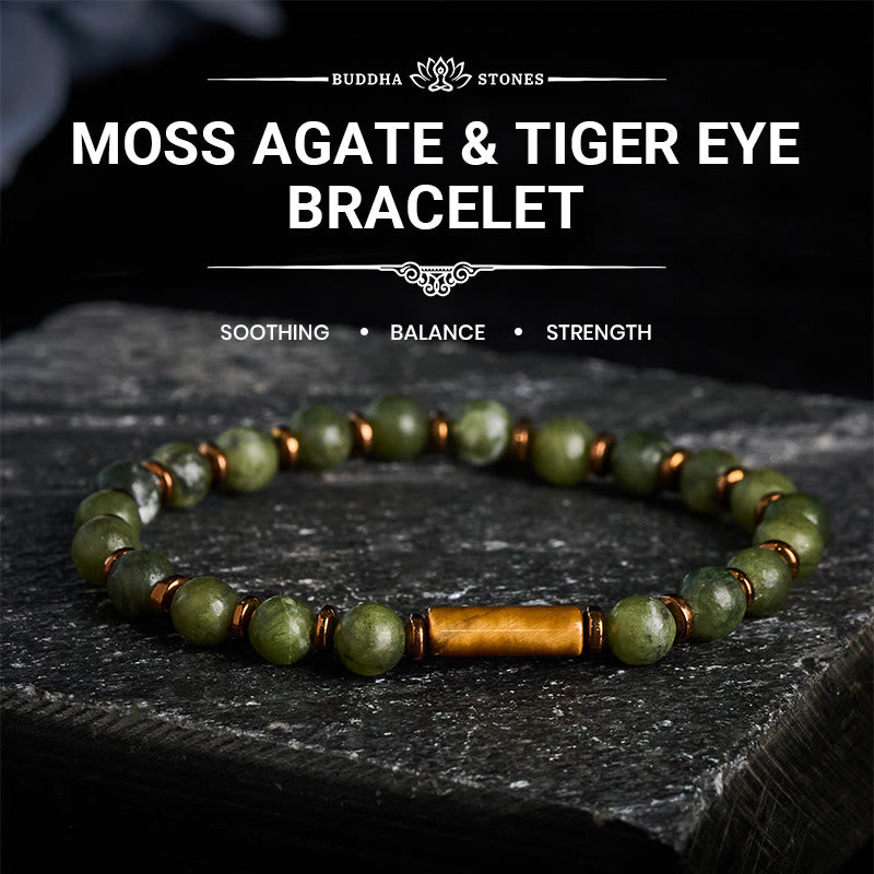 Buddha Stones Bracciale con perle rotonde di agata muschiata verde e accenti occhio di tigre - image 0