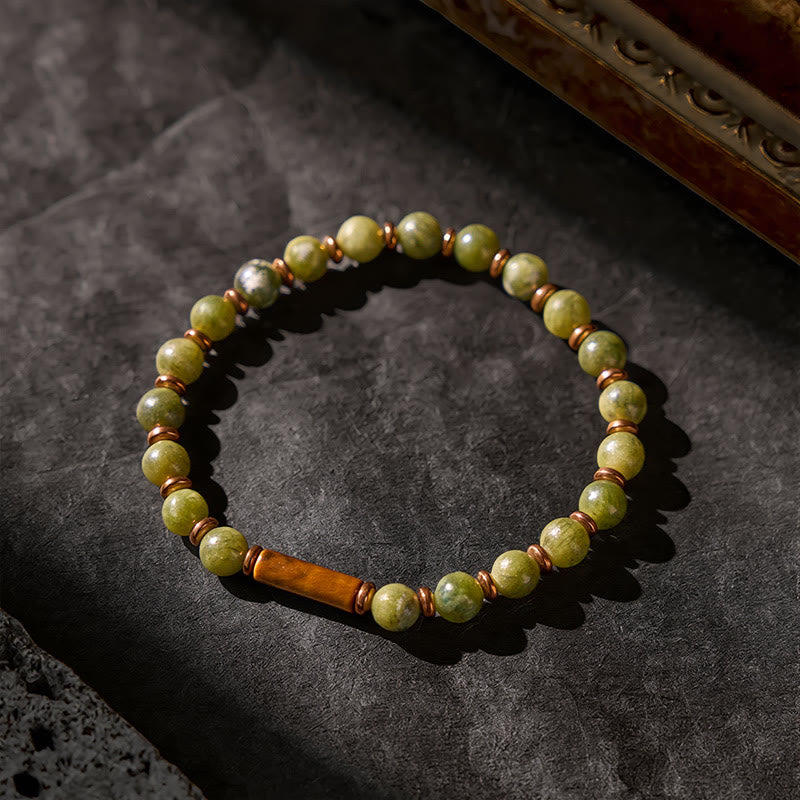 Buddha Stones Bracciale con perle rotonde di agata muschiata verde e accenti occhio di tigre - image 3