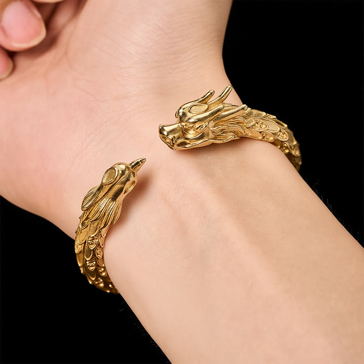 Buddha Stones Bracciale aperto in ottone anticato con drago e fenice, simbolo di forza. - image 15