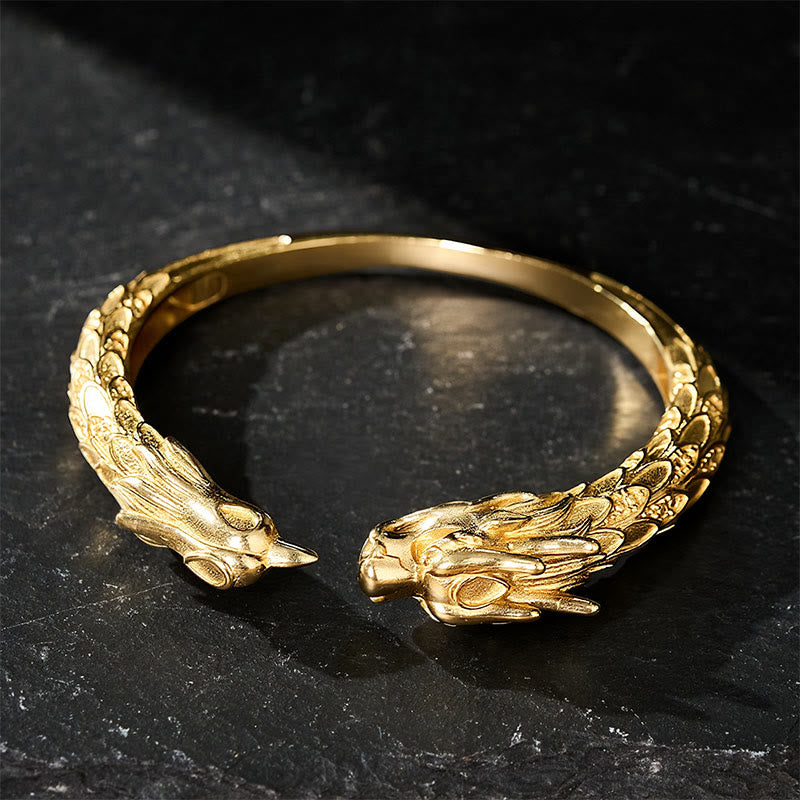 Buddha Stones Bracciale aperto in ottone anticato con drago e fenice, simbolo di forza. - image 13