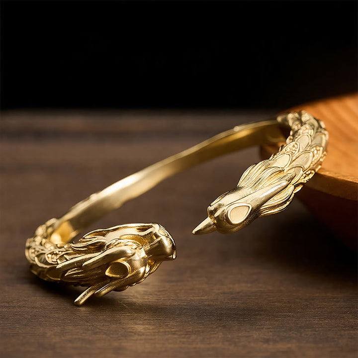 Buddha Stones Bracciale aperto in ottone anticato con drago e fenice, simbolo di forza. - Ottone - image 10