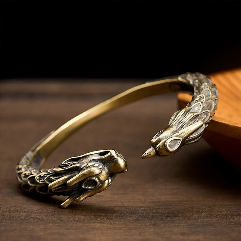 Buddha Stones Bracciale aperto in ottone anticato con drago e fenice, simbolo di forza. - Ottone scuro - image 0