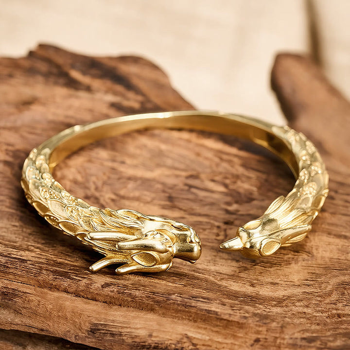 Buddha Stones Bracciale aperto in ottone anticato con drago e fenice, simbolo di forza. - image 11