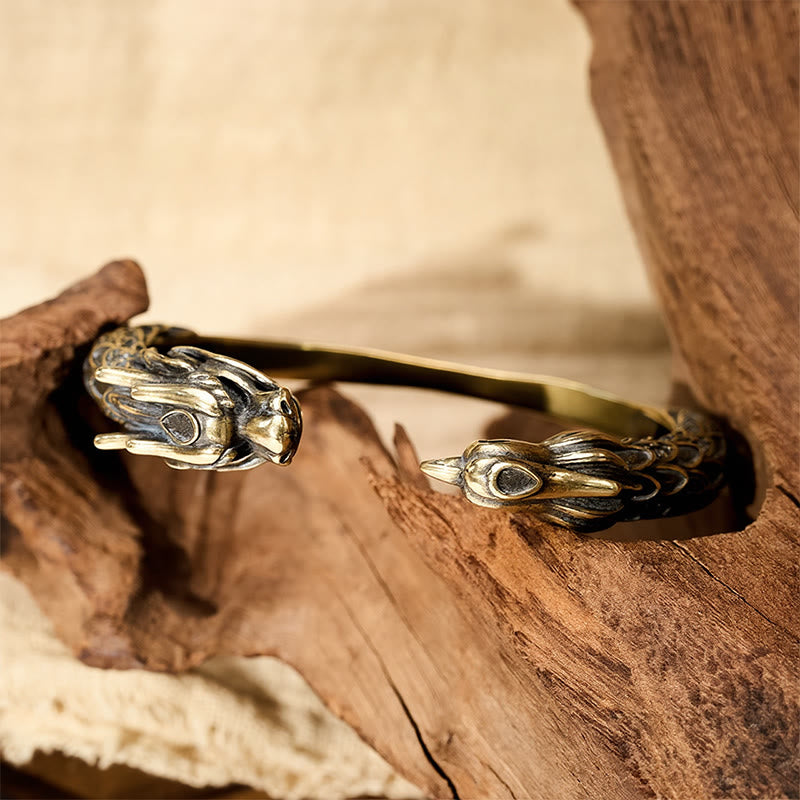 Buddha Stones Bracciale aperto in ottone anticato con drago e fenice, simbolo di forza. - image 4