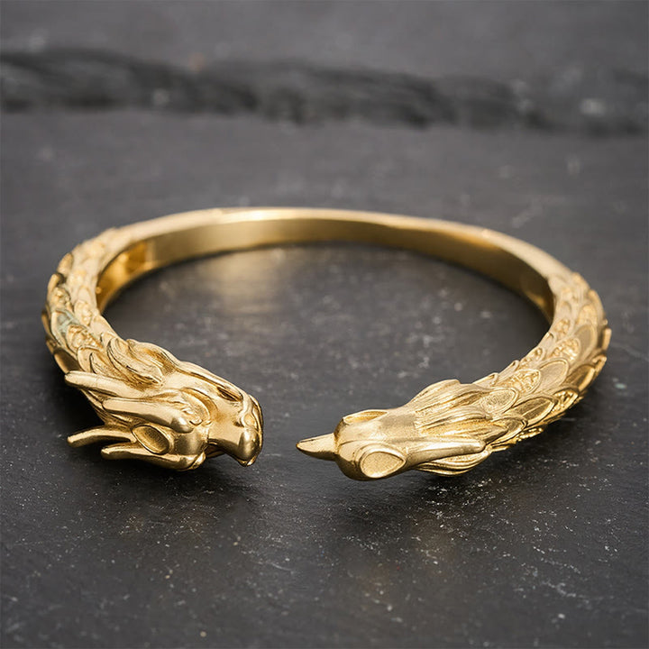 Buddha Stones Bracciale aperto in ottone anticato con drago e fenice, simbolo di forza. - image 12