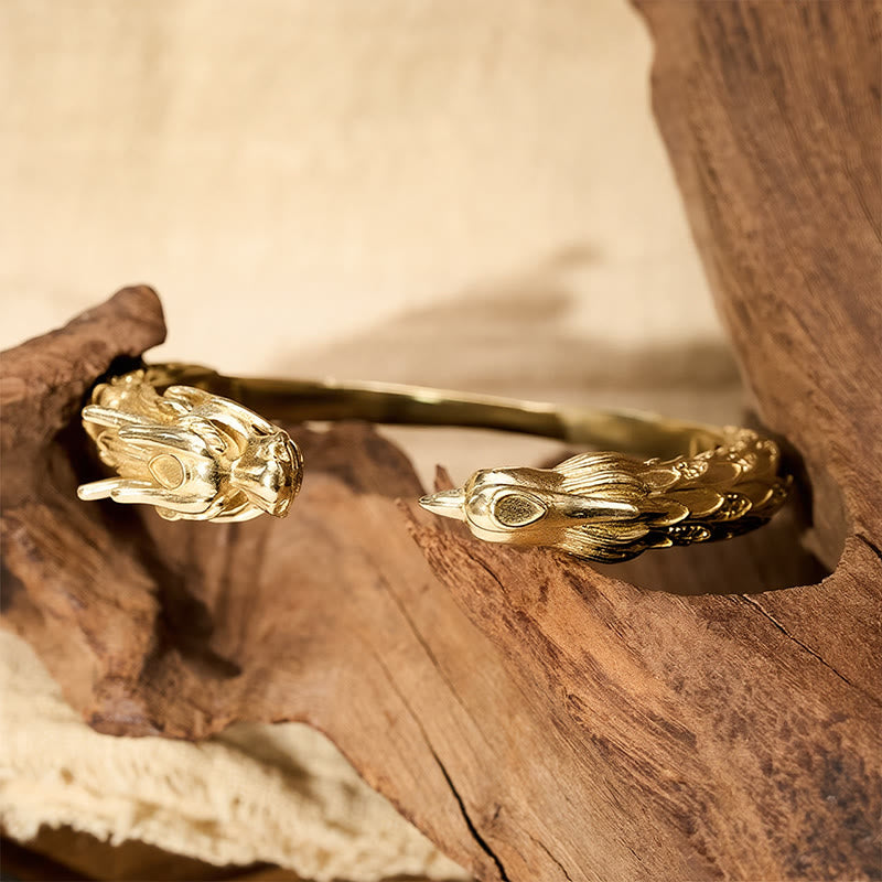 Buddha Stones Bracciale aperto in ottone anticato con drago e fenice, simbolo di forza. - image 14